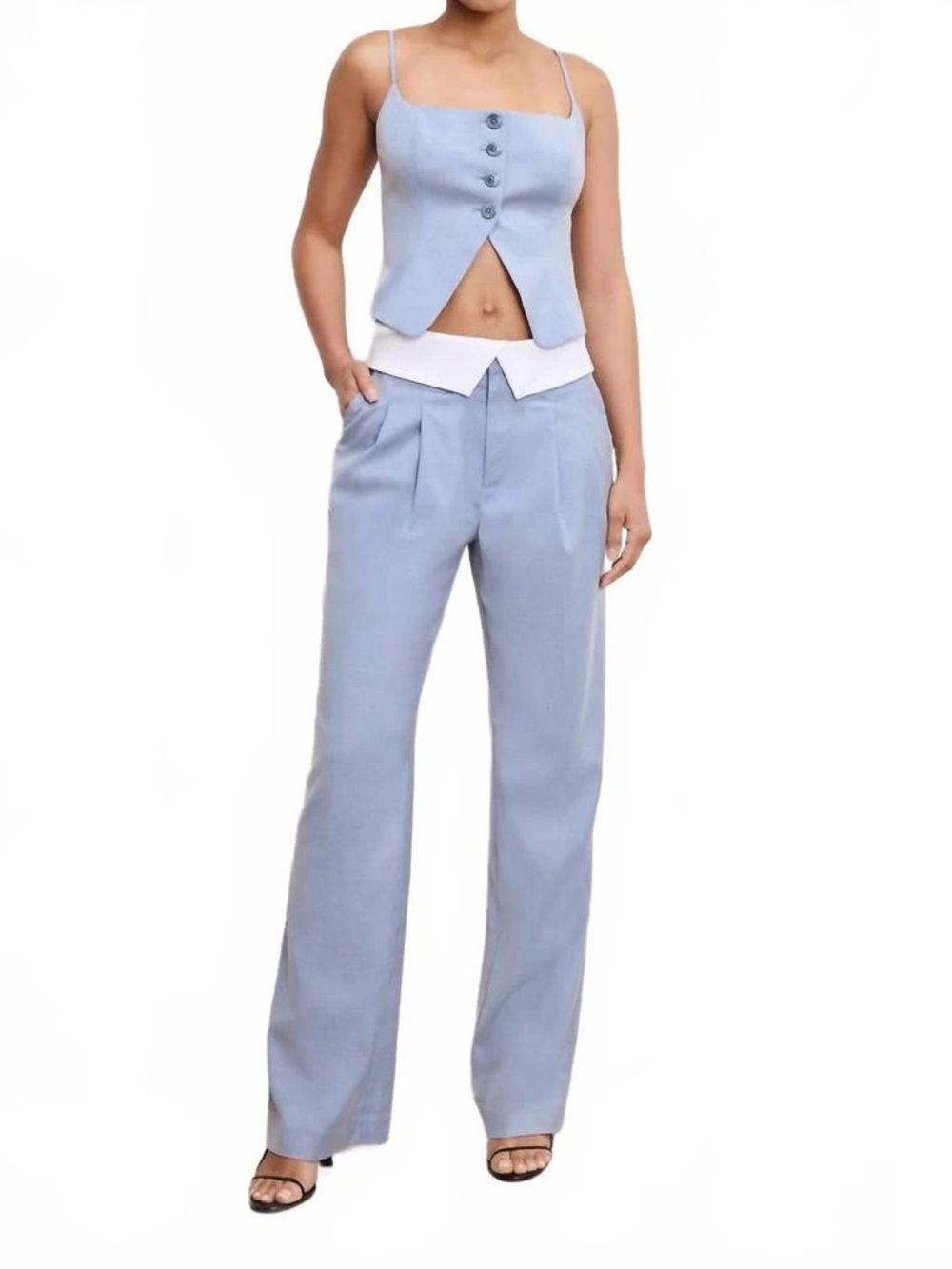 Good American Twill Suiting Foldover Trouser Pant In Crosshatch Blue Size 22W